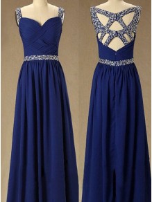 Long Royal Blue Beaded Straps Sleeveless Chiffon Prom Evening Formal Dresses 99602146