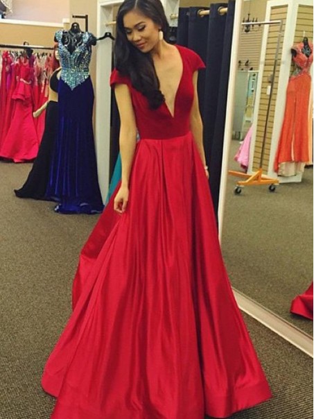 A-Line Long Red V-Neck Cap Sleeves Prom Formal Evening Party Dresses 996021462 A-Line Long Red V-Neck Cap Sleeves Prom Formal Evening Party Dresses 996021462