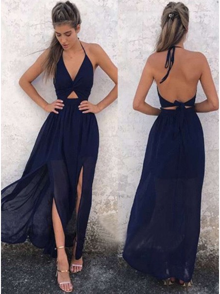 Sexy Halter Long Navy Blue Chiffon Prom Formal Evening Party Dresses 996021467