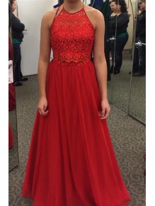 Long Red Halter Lace Chiffon Prom Formal Evening Party Dresses 996021485