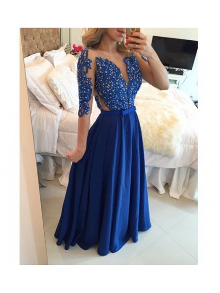 A-Line Long Blue Beaded Lace Prom Formal Evening Party Dresses 996021489