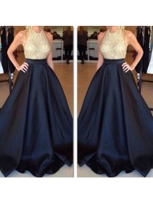 A-Line Halter Long Black Prom Formal Evening Party Dresses 996021493