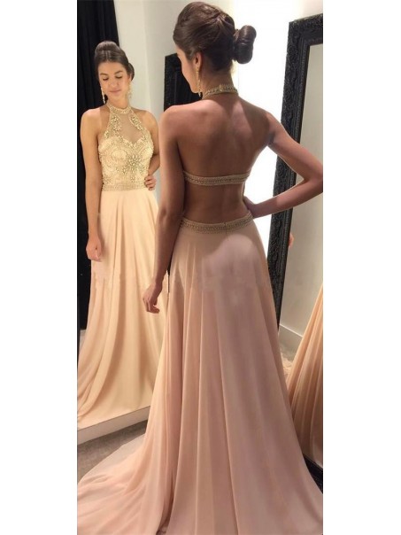 A-Line Beaded Halter Long Prom Formal Evening Party Dresses 996021495