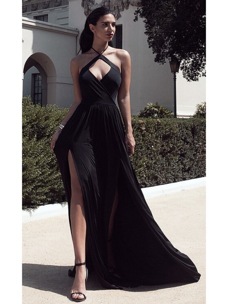 Long Black Halter Prom Formal Evening Party Dresses 996021506