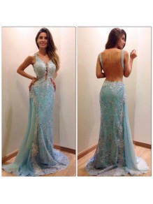 Long Blue Lace Backless Prom Formal Evening Party Dresses 996021509 Long Blue Lace Backless Prom Formal Evening Party Dresses 996021509