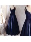 Long Blue Lace Satin V-Neck Prom Formal Evening Party Dresses 996021513