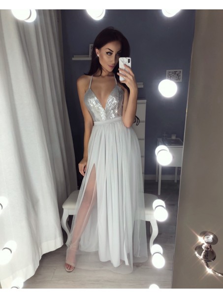 Sexy V-neck Sequins Long Prom Dresses Slit Evening Gowns Tulle Evening Dresses 996021540