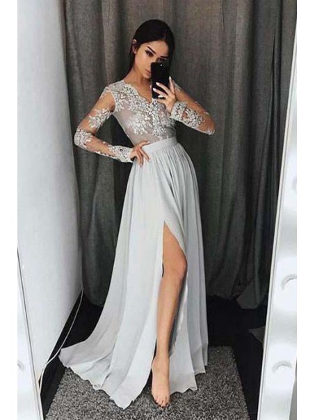 Long Sleeves V-Neck Lace Prom Evening Formal Dresses with Side Slit 996021546 Long Sleeves V-Neck Lace Prom Evening Formal Dresses with Side Slit 996021546