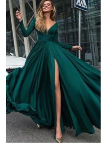 Sexy Deep V-Neck Prom Dress Long Sleeves Evening Gowns with Side Split 996021547