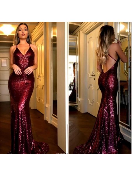 Mermaid V-Neck Sequins Long Prom Evening Formal Dresses 996021561