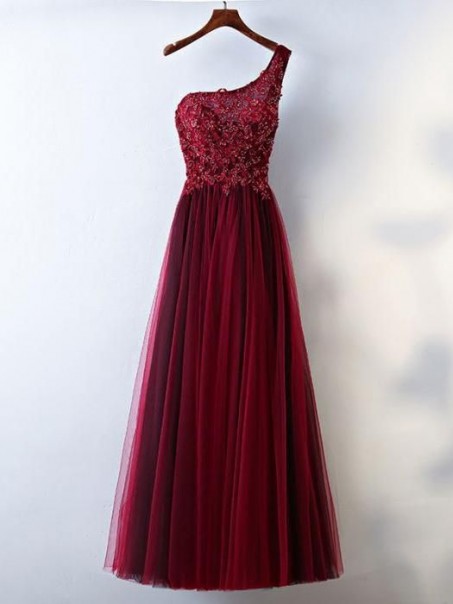 A-Line One-Shoulder Tulle Long Prom Evening Formal Dresses 996021574