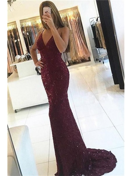 Mermaid V-Neck Sequins Long Prom Evening Formal Dresses 996021575
