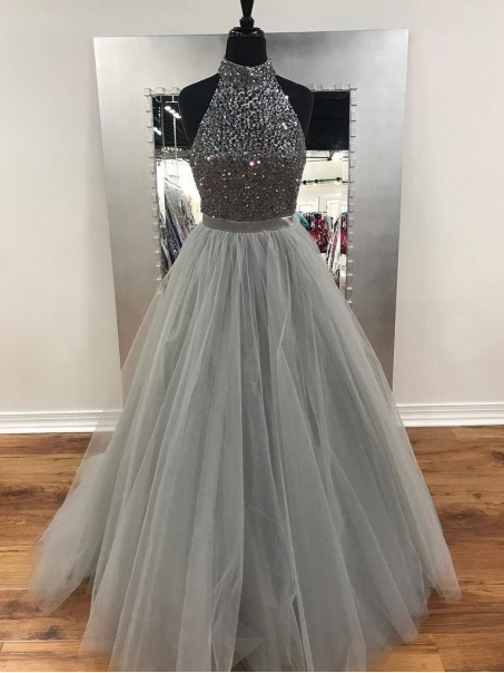 Beaded Tulle Ball Gown Halter Long Prom Evening Formal Dresses 996021576