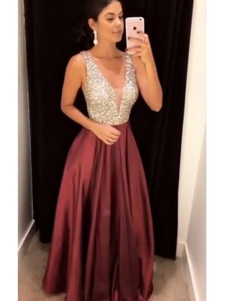 A-Line V-Neck Beaded Long Prom Evening Formal Dresses 996021577