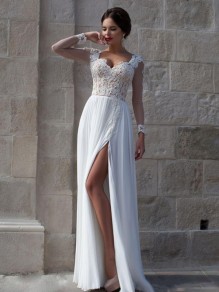 Long See Through Sleeves Lace Top Chiffon White Prom Evening Formal Dresses 99602159