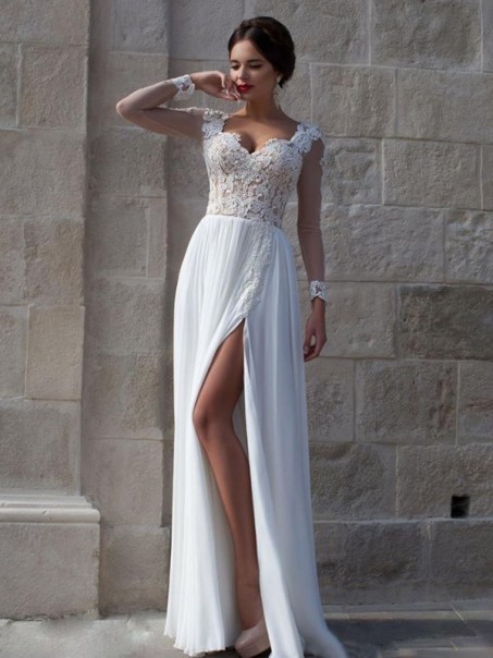 Long See Through Sleeves Lace Top Chiffon White Prom Evening Formal Dresses 99602159 Long See Through Sleeves Lace Top Chiffon White Prom Evening Formal Dresses 99602159
