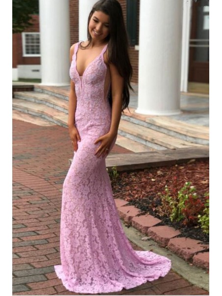 Elegant Long Pink Mermaid Lace Prom Dresses Evening Gowns 996021591