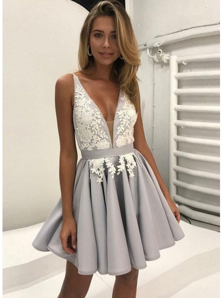 A-Line Short V-Neck Lace Appliques Prom Dresses Homecoming Dresses 996021594