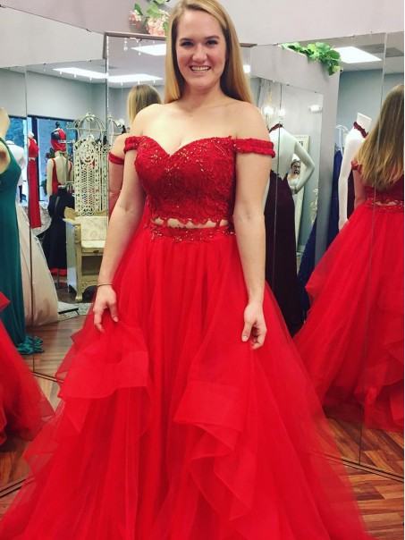 Long Red Two Pieces Lace Appliques and Tulle Prom Dresses Evening Gowns 996021599