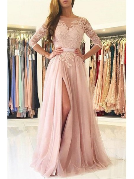 Elegant Lace Aappliques and Tulle 3/4 Length Sleeves Long Prom Dresses Formal Evening Dresses 996021603