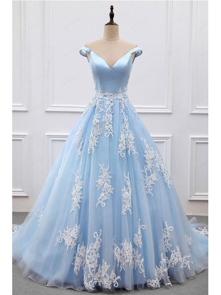 Ball Gown Lace Off-the-Shoulder Long Blue Prom Dresses Formal Evening Dresses 996021610