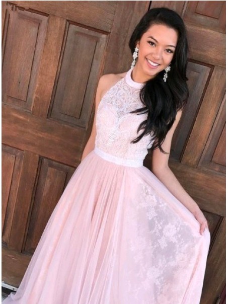 A-Line Halter Long Pink Lace Prom Dresses Formal Evening Dresses 996021615