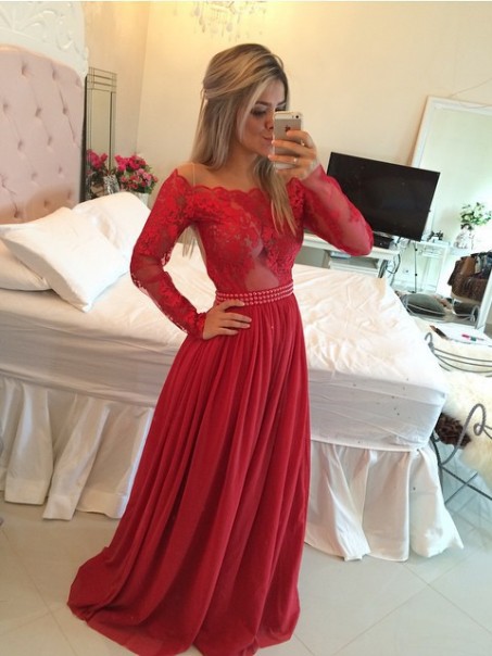 Long Sleeves Lace Appliques Top Off-the-Shoulder Red Prom Evening Formal Dresses 99602162