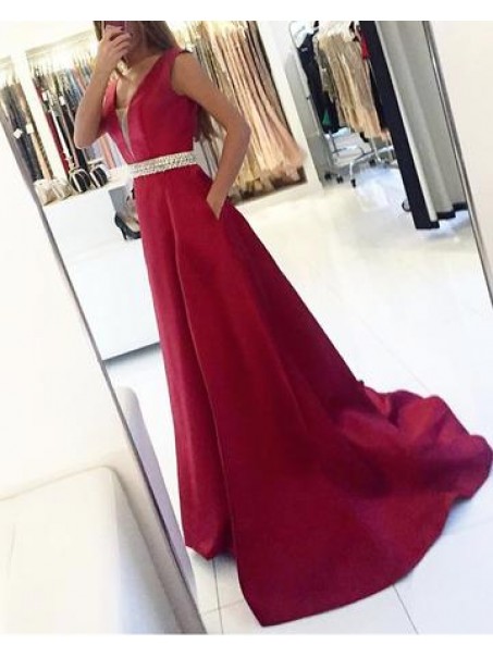 A-Line Beaded V-Neck Long Prom Dresses Formal Evening Dresses 996021622