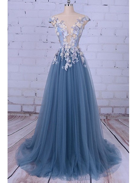 Long Lace and Tulle Prom Dresses Formal Evening Dresses with Flowers 996021626