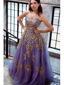 Ball Gown Tulle Gold Lace Appliques Long Prom Dresses Formal Evening Dresses 996021631