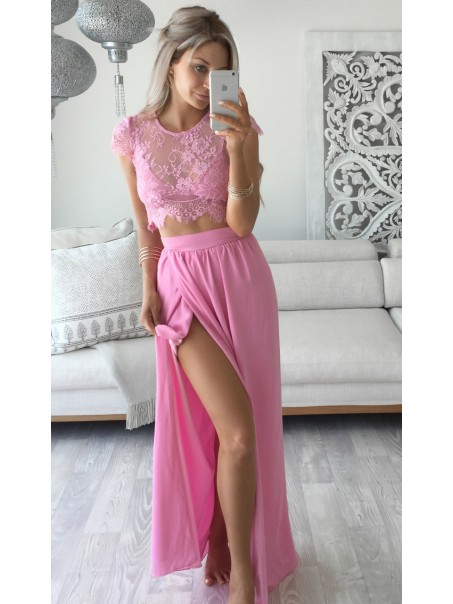 Two Pieces Lace See Through Top Chiffon Pink Prom Evening Formal Dresses 99602164