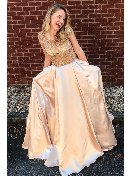 A-Line Beaded Satin Long Prom Dresses Formal Evening Dresses 996021648