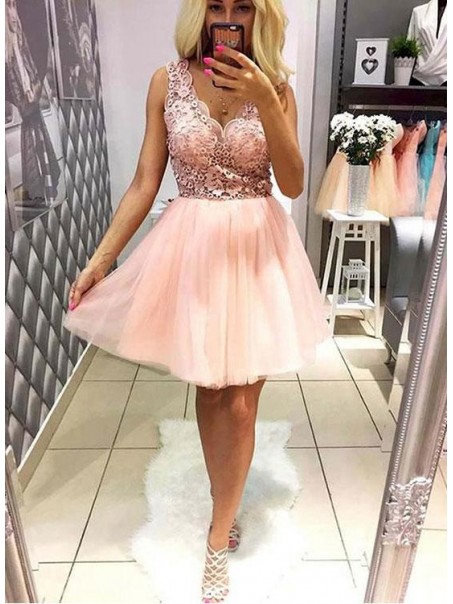A-Line Short Pink Lace Prom Dresses Formal Evening Dresses 996021660