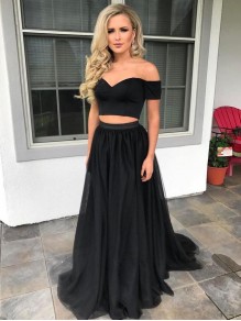 Two Pieces Long Black Off-the-Shoulder Prom Dresses Formal Evening Dresses 996021663 Two Pieces Long Black Off-the-Shoulder Prom Dresses Formal Evening Dresses 996021663