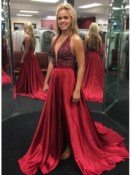 A-Line Beaded V-Neck Long Prom Dresses Formal Evening Dresses 996021665