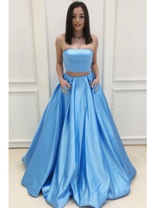 Long Blue Two Pieces Beaded Prom Dresses Formal Evening Dresses 996021667