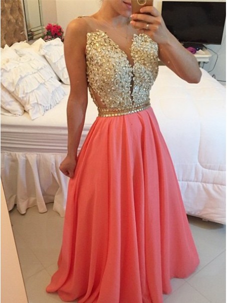 Gold Coral Long See Through Prom Evening Formal Dresses 99602167