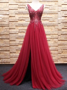 A-Line Beaded Long Red Tulle Prom Dresses Formal Evening Dresses 996021674 A-Line Beaded Long Red Tulle Prom Dresses Formal Evening Dresses 996021674