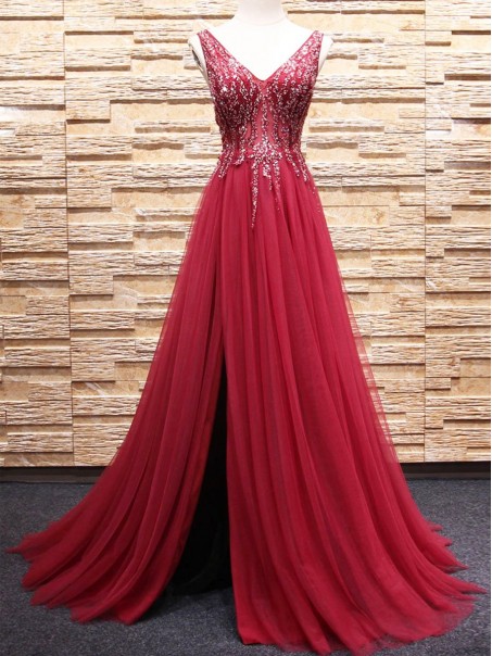 A-Line Beaded Long Red Tulle Prom Dresses Formal Evening Dresses 996021674 A-Line Beaded Long Red Tulle Prom Dresses Formal Evening Dresses 996021674