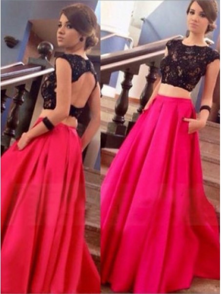 Two Pieces Black Lace Top Long Prom Evening Formal Dresses 99602168