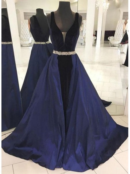 Long Blue V-Neck Beaded Prom Dresses Formal Evening Dresses 996021697 Long Blue V-Neck Beaded Prom Dresses Formal Evening Dresses 996021697