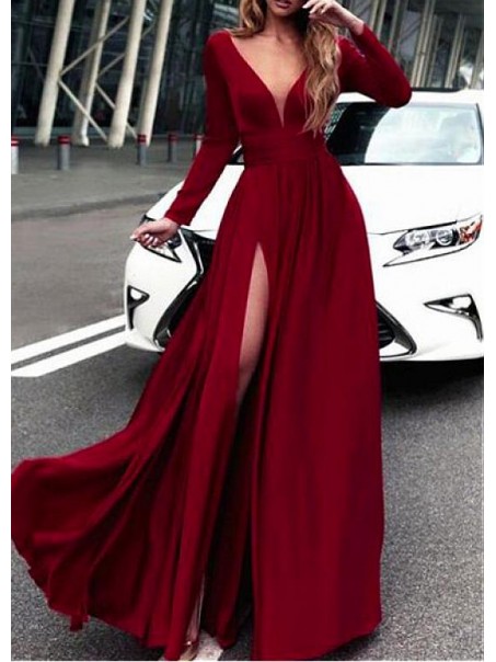 A-Line Long Sleeves V-Neck Long Prom Dresses Formal Evening Dresses 996021702 A-Line Long Sleeves V-Neck Long Prom Dresses Formal Evening Dresses 996021702