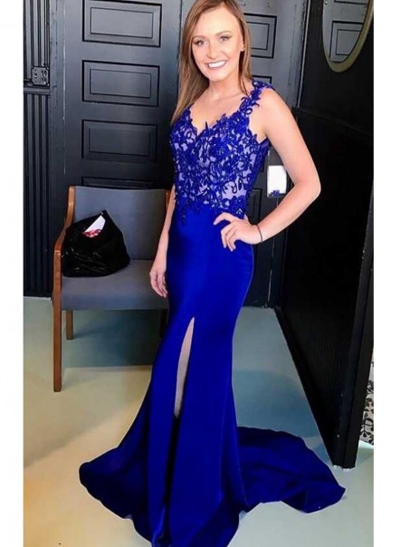 Elegant Mermaid Straps Open Back Long Prom Dress with Appliques Formal Evening Dresses 996021713