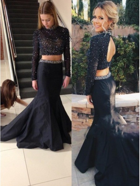 Two Pieces High Neck Long Sleeves Beaded Black Prom Evening Formal Dresses 99602177 Two Pieces High Neck Long Sleeves Beaded Black Prom Evening Formal Dresses 99602177