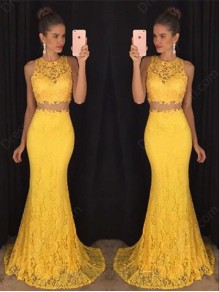 Two Pieces Yellow Lace Mermaid Long Prom Evening Formal Dresses 99602180