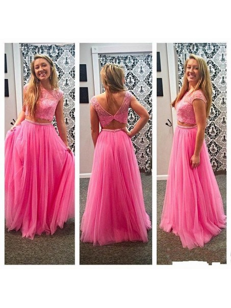 Two Pieces Lace Top Long Pink Prom Evening Formal Dresses 99602185