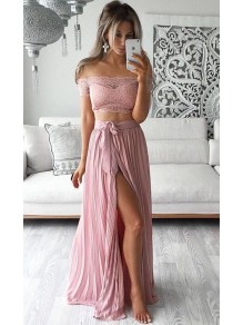 Two Piece Prom Dresses Lace Top Off-the-Shoulder Short Sleeves Thigh-High Slit Sexy Evening Gowns 99602192