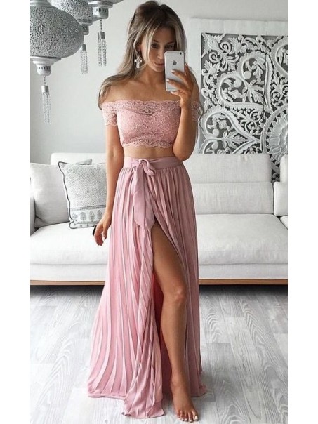 Two Piece Prom Dresses Lace Top Off-the-Shoulder Short Sleeves Thigh-High Slit Sexy Evening Gowns 99602192 Two Piece Prom Dresses Lace Top Off-the-Shoulder Short Sleeves Thigh-High Slit Sexy Evening Gowns 99602192