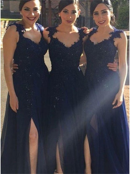 Navy Blue Lace Appliques Chiffon Long Bridesmaid Dresses Prom Evening Gowns 99602198