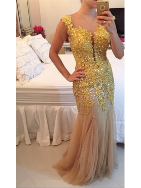 Gold Lace Appliques See Through Back Long Prom Dresses Evening Gowns 99602201 Gold Lace Appliques See Through Back Long Prom Dresses Evening Gowns 99602201